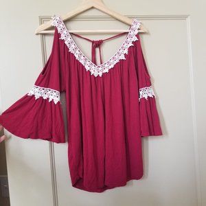 Dark red open shoulder top with open back